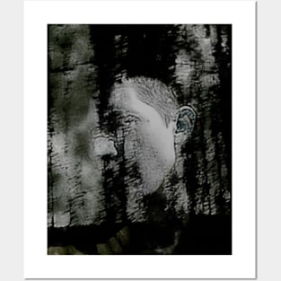 Portrait, digital collage and special processing. Masterpiece. Man looking to car window, reflection. Dim weather, rain. Posters and Art